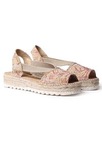 Öppna tå espadrillosandaler med en beige broderad ovandel, elastiska remmar och en texturerad vävd jutesula. Har en vit prickig yttersula.