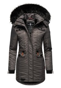 Grijs gewatteerd winterjack met een nep-bont capuchon, ritszakken aan de zijkanten, knoopdetails en geribbelde manchetten. Bevat een langer achterpand voor extra bedekking.