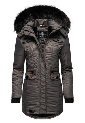 Gray padded winter coat with a faux fur hood, zippered side pockets, button details, and ribbed cuffs. Features a longer back hem for coverage.