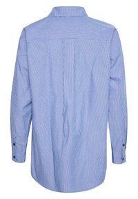 Long-sleeved shirt in blue and white stripes, featuring a classic collar, button cuffs, and a back pleat for movement. Soft fabric texture.