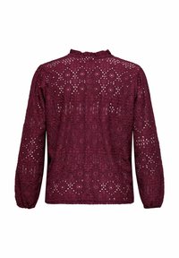 Bordo čipkasta majica z dolgimi rokavi, ki ima visok volanast ovratnik in zapleten cvetlični vzorec. Teksturiran, lahkoten material.