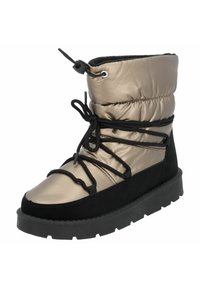 Bota de bronce metálico acolchada con acentos de ante negro, punta redonda, suela negra gruesa y cordones ajustables para un ajuste seguro.