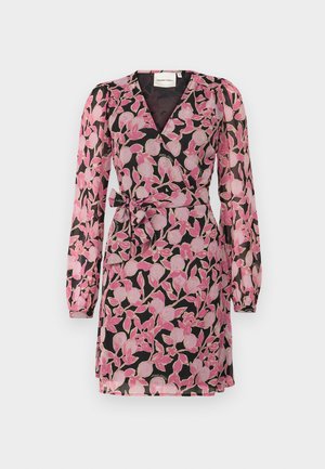 Floral wrap dress in black fabric with pink leaf and flower pattern. Features long puff sleeves and a waist tie detail. v-neckline.
