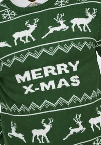 Maglione lavorato a maglia verde con motivi di renne bianche e fiocchi di neve, con il testo "MERRY X-MAS" ben in evidenza al centro.