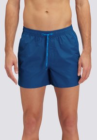 Pantaloni da bagno blu con vita elasticizzata, cordoncino regolabile, tasche laterali e un tessuto leggero e morbido.