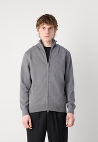 Gray zip-up sweater with a high collar, ribbed cuffs and hem, made of a soft knit fabric, featuring a small logo on the chest.