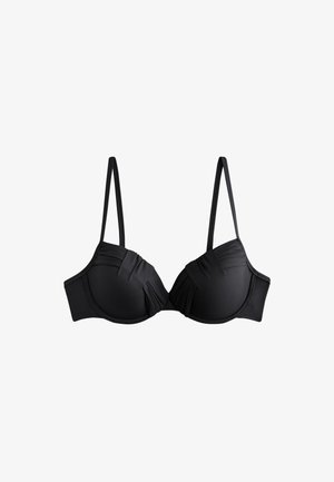 Sort polstret BH med bøjle med tynde justerbare stropper og diskrete rynkedetaljer på glatte stofskåle.