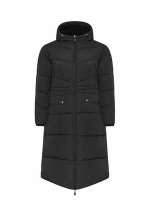 Manteau en doudoune noir avec une capuche, doté d'une fermeture éclair à l'avant et de deux poches à boutons-pression. Il présente une coupe droite longueur genou et un design matelassé.