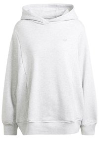 Ljusgrå hoodtröja i mjukt tyg, med lös passform, ribbade muddar och en liten logotyp på bröstet.