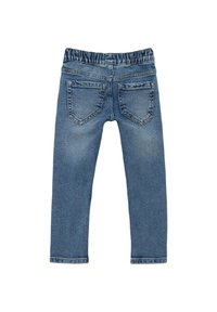Modre jeans s elastičnim pasom, slim fit kroja in dvema zadnjima žepoma. Imajo zbledel videz in šivane detajle.