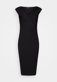 Vestido de malha canelada preta com silhueta ajustada, decote em V e mangas acima do cotovelo. Textura suave com design até à metade da panturrilha.