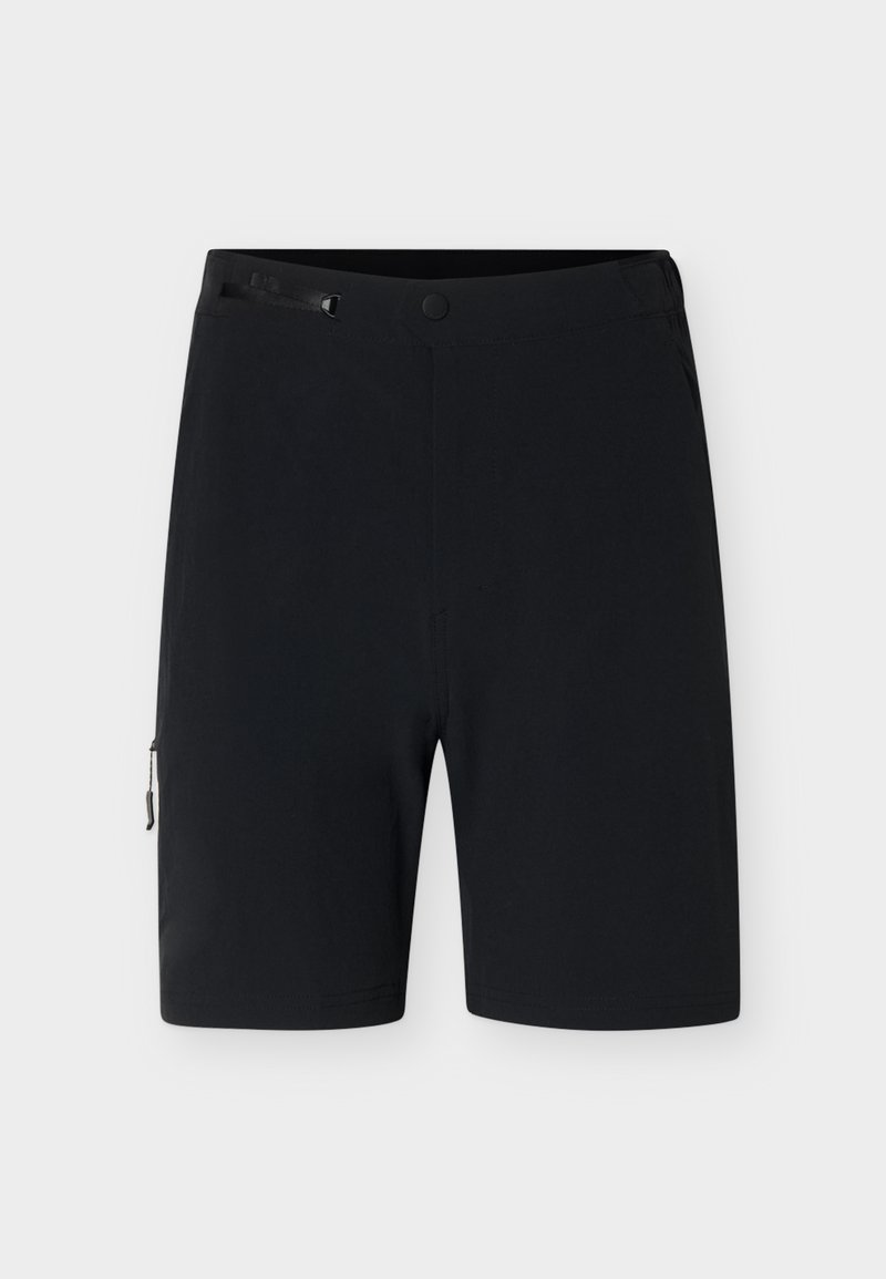 Shorts noirs à genoux avec poche latérale zippée et fermeture par bouton, présentés sur un fond clair uni.