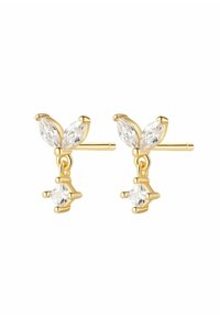 Orecchini in tonalità oro con cristalli trasparenti a taglio marquise e un cristallo quadrato pendente, che abbracciano un design floreale con una texture liscia.