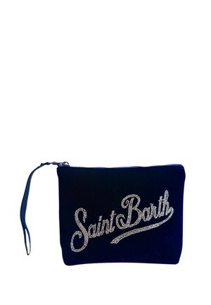 Borsetta da polso blu scuro con la scritta "Saint Barth" in corsivo realizzata con piccoli strass sul davanti.
