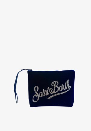 Borsetta da polso blu scuro con la scritta "Saint Barth" in corsivo realizzata con piccoli strass sul davanti.