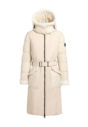 Bežna puhovka s odlepljivo kapuco iz krzna, pasom, dvema sprednjima žepoma in črnim zadrgo. Mehka tekstura in topel dizajn.