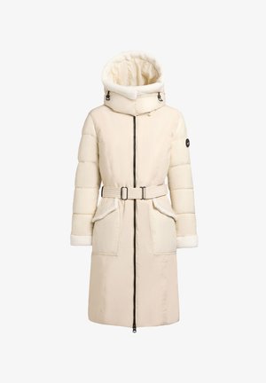 Bežna puhovka s odlepljivo kapuco iz krzna, pasom, dvema sprednjima žepoma in črnim zadrgo. Mehka tekstura in topel dizajn.