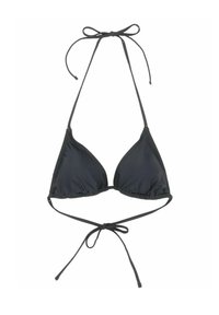 Zwarte driehoekige bikini top met dunne verstelbare bandjes, gemaakt van gladde stof, met een striksluiting bij de nek en op de rug.