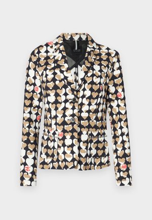 Blazer with a navy background featuring white, beige, and red heart patterns. It has a notched collar, single button, and front pockets.