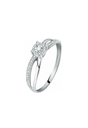 White gold engagement ring featuring a round center diamond, accented by smaller diamonds along the band. Sleek, modern design with a polished finish.