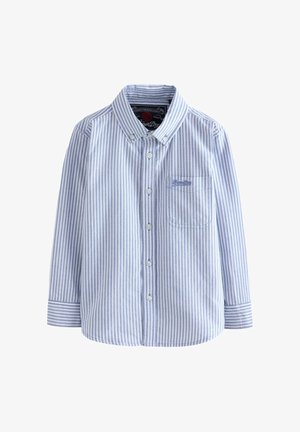 Hellblau-weiß gestreiftes Hemd mit Knöpfen, Kragen, langen Ärmeln und einer Brusttasche mit Logo-Stickerei.
