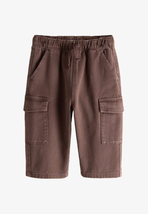 Brune knælange cargoshorts med elastisk talje, snøre, sidelommer og klaplommer på hvert ben.