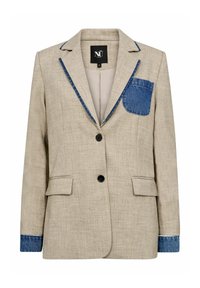 Bézs blézer farmer részletekkel, egyetlen mellzsebbel, két első zsebbel és fekete gombokkal. Texturált anyag és kontrasztos varrás.