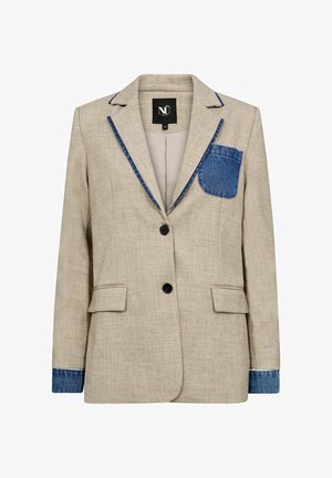 Beežsjakk teksastiilsete detailidega, millel on üks rinnatasku, kaks esist taskut ja mustad nööbid. Tekstuuriga kangas ja kontrastõmblused.