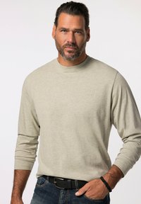 Camisa de manga larga gris clara con un diseño sencillo y escote redondo, hecha de una tela suave. Presenta un logo sutil en el pecho.