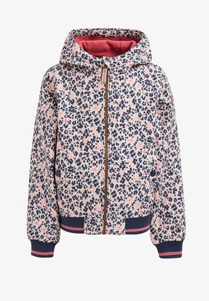 Hættetrøje i pink stof med blåt og koralfarvet leopardprint, med en frontlynlås, ribbede manchetter og en blød indvendig foring.