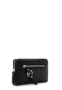 Portefeuille en cuir noir avec poche avant zippée, ferrures argentées et détail de boucle ronde sur la tirette de la fermeture éclair.