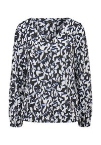 Blusa a maniche lunghe con motivo astratto in nero, bianco e blu, scollatura a V, e polsini e orlo arricciati in elastico.