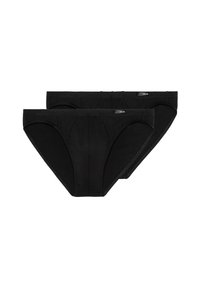 Schwarze Baumwollslips mit glatter Textur, elastischem Bund und einfachem Design. Zwei Paare angezeigt.