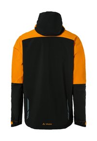 Giacca impermeabile nera e arancione con cappuccio, texture morbida, sezioni superiori e inferiori a contrasto e dettagli riflettenti.