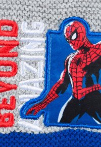 Spiderman patch with red and white embroidered text "BEYOND AMAZING" on gray and blue knitted fabric.
