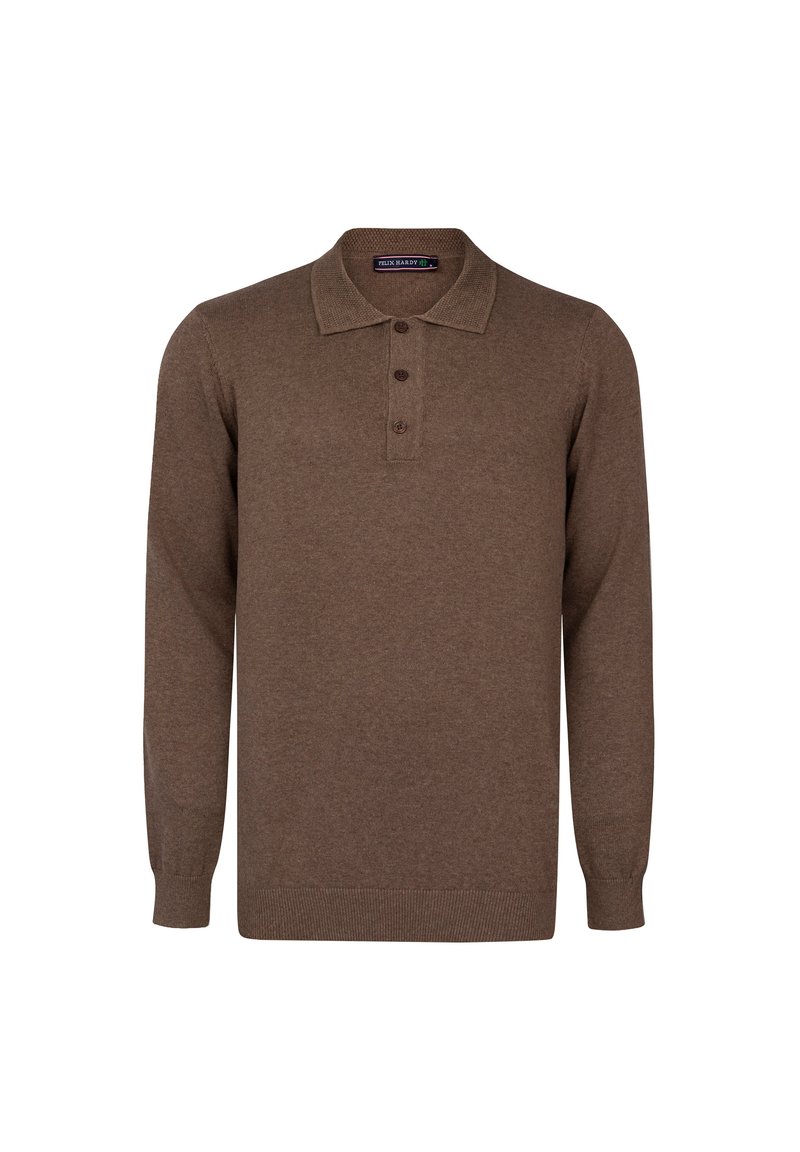Brun langærmet polo-shirt lavet af strikket stof med krave og tre knapstolper, med ribbede manchetter og søm.
