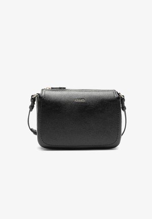 Borsa a tracolla nera in pelle con finitura testurizzata, dotata di chiusura con zip, tracolla regolabile e un logo inciso discreto.