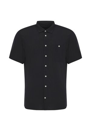 Svart kortermet skjorte med knapper og krage, med en brystlomme som har en synlig hvit knapp.