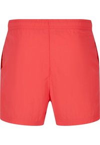 Lyse korallfargede badshorts laget av lettvektig stoff. Har elastisk midjebånd og sidelommer, med en glatt, matt overflate.