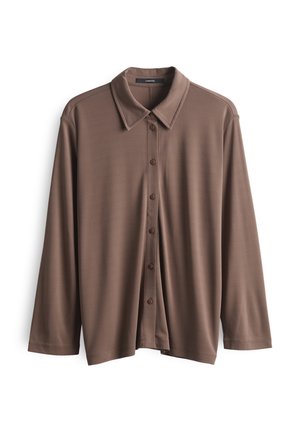 Camicia marrone a maniche lunghe con frontale a bottoni, colletto a punta e texture liscia. Presenta bottoni marroni lungo la piastra.