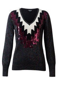 Pull noir avec un col en V et des manches longues ornées de motifs zigzag multicolores en sequins dans des tons bordeaux, blanc et argent.