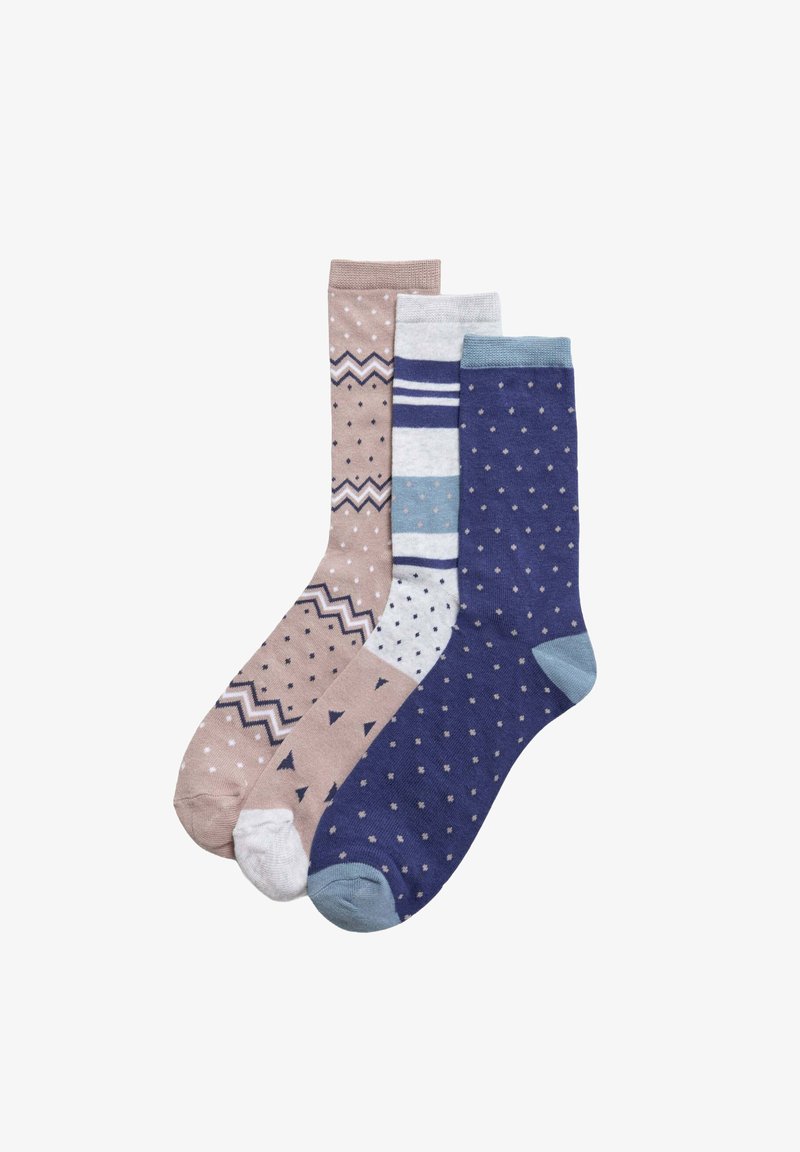 Tres pares de calcetines: rosa claro con patrones, rayas gris y azul, y azul oscuro con pequeños puntos. Material de mezcla de algodón, longitud media.
