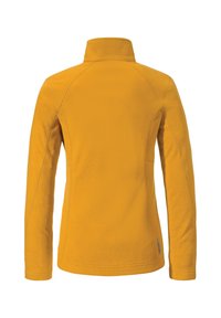 Gelbe Fleecejacke mit hohem Kragen, glatter Textur und Raglanärmeln. Verfügt über seitliche Taschen und ein Markenetikett nahe dem Saum.