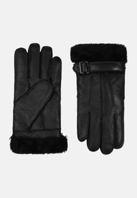 Black leather gloves with a soft black fur cuff and a decorative buckle. Pointed fingertips and reinforced seams add durability.