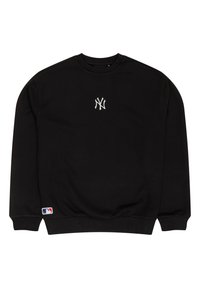 Sudadera de cuello redondo negra hecha de algodón, con un logotipo bordado en blanco en el pecho y una etiqueta de la MLB multicolor en el dobladillo.