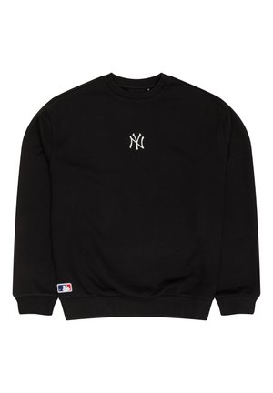 Sweatshirt noir à col rond en coton, avec un logo brodé blanc sur la poitrine et une étiquette MLB multicolore à l'ourlet.