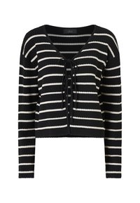 Zwart-wit gestreepte cropped sweater met lange mouwen, V-hals en sluiting met een strik aan de voorkant. De textuur is geribbeld en gebreid.