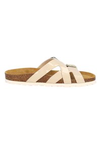 Sandales à enfiler avec des lanières, finition brillante en vernis beige, semelle en liège et semelle blanche. Présente un accent métallique sur la lanière.