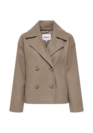 Taupe dobbeltradet uldblandet jakke med brede revers, fire knapper, sidelommer og lange ærmer.