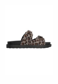 Leopardprint slide sandalen met twee verstelbare banden, zwarte zool en bovenwerk van textiel. Lichtgewicht en open teen ontwerp.